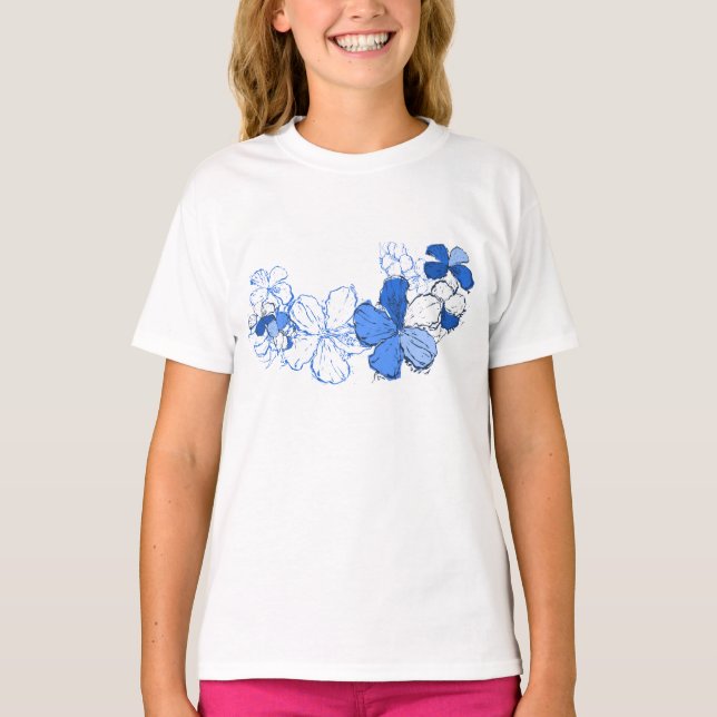 Doodle Hibiskus Hawaiian Floral Illustration T-Shirt (Vorderseite)
