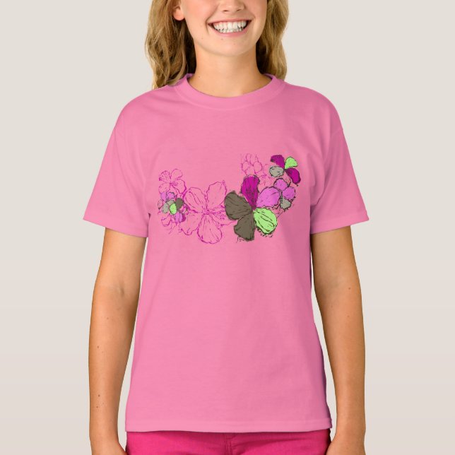 Doodle Hibiskus Hawaiian Floral Illustration T-Shirt (Vorderseite)