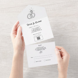 Doodle Illustrationen Hochzeiten in Schwarz und We All In One Einladung