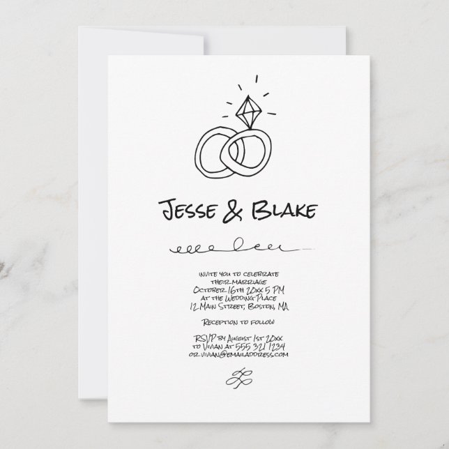 Doodle Illustrationen Hochzeiten in Schwarz und We Einladung (Vorderseite)