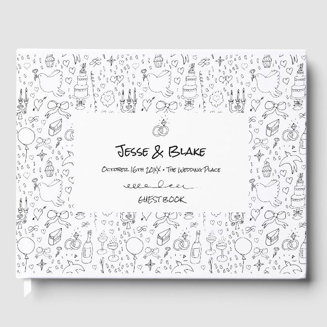 Doodle Illustrationen Hochzeiten in Schwarz und We Gästebuch (Vorderseite)
