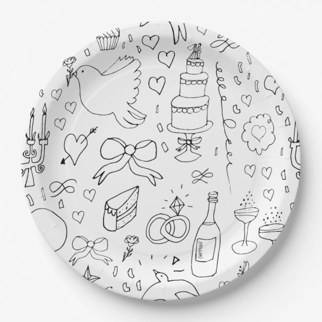 Doodle Illustrationen Hochzeiten in Schwarz und We Pappteller (Vorderseite)