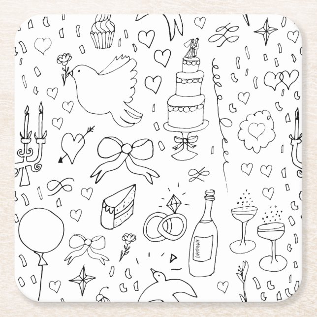 Doodle Illustrationen Hochzeiten in Schwarz und We Rechteckiger Pappuntersetzer (Vorderseite)
