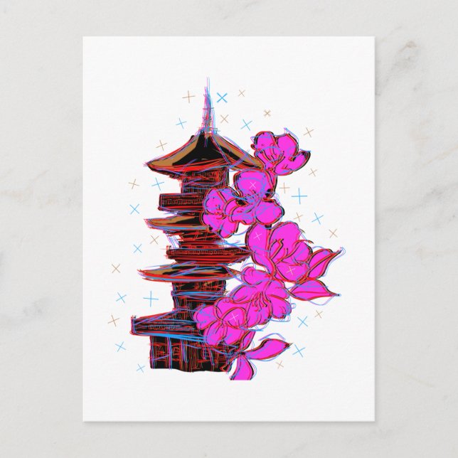 Doodle japonés: La belleza serena de una pagoda  Postkarte (Vorderseite)