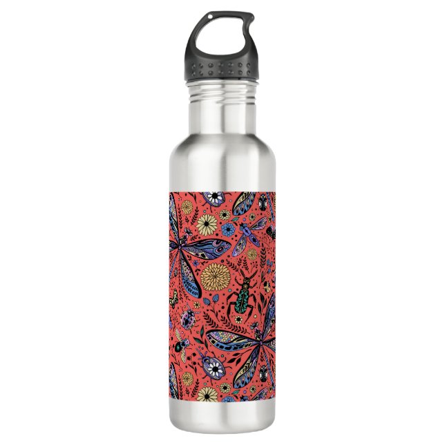 Doodle-Käfer auf Korallenrot Edelstahlflasche (Vorderseite)