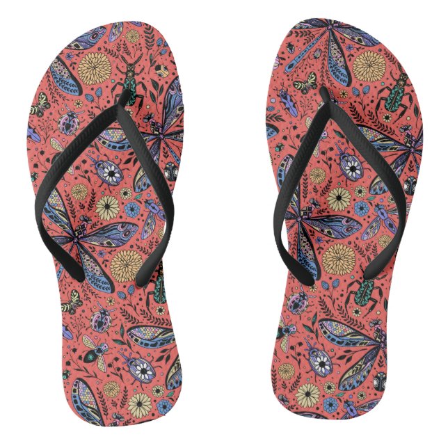 Doodle-Käfer auf Korallenrot Flip Flops (Fußbett)