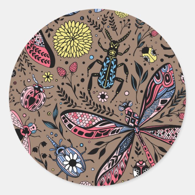 Doodle-Käfer auf mocha-braun Runder Aufkleber (Vorderseite)
