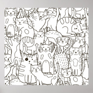 Doodle Katzen: schwarz-weiß. Poster