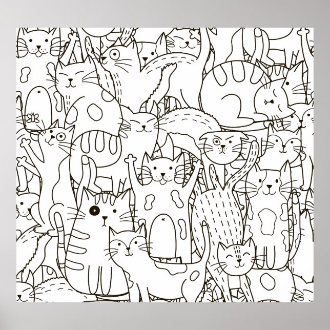 Doodle Katzen: schwarz-weiß. Poster (Vorne)