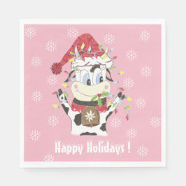 Doodle Kuh mit Weihnachtslicht Pink Paper Napkin Serviette