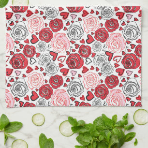 Doodle-Kunststil rote rosa Rosen Herzen Valentinst Geschirrtuch