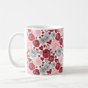Doodle-Kunststil rote rosa Rosen Herzen Valentinst Kaffeetasse