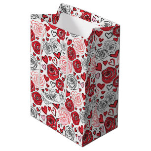 Doodle-Kunststil rote rosa Rosen Herzen Valentinst Mittlere Geschenktüte