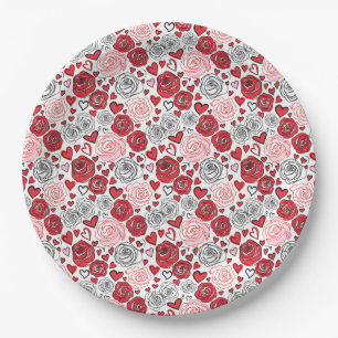 Doodle-Kunststil rote rosa Rosen Herzen Valentinst Pappteller