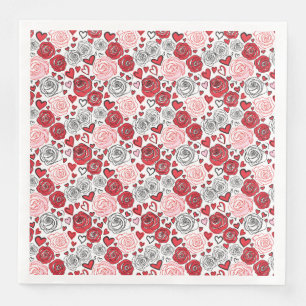 Doodle-Kunststil rote rosa Rosen Herzen Valentinst Serviette
