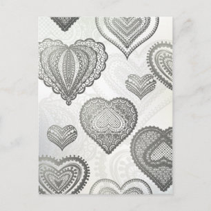 Doodle & lace grey hearts postkarte