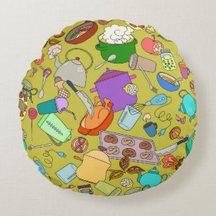 Doodle-Lebensmittel und Utensilien, nahtlose Textu Rundes Kissen
