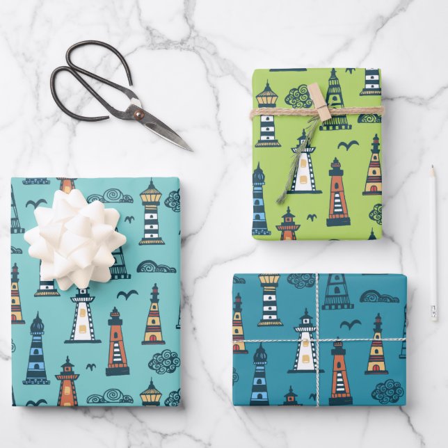 Doodle Lighthouse Wrapping Paper Set 3 Geschenkpapier Set (Vorderseite)