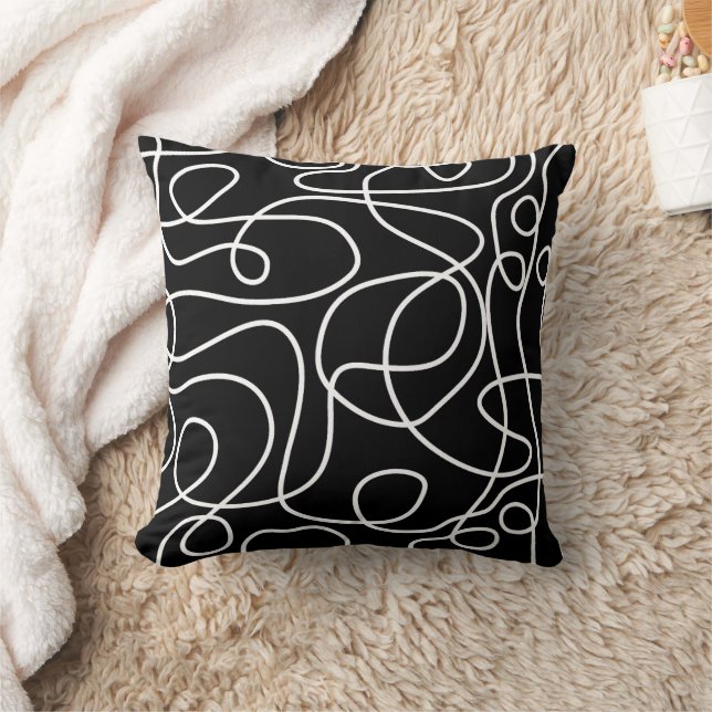 Doodle Line Art Muster | Weiß auf Schwarz Kissen (Decke)