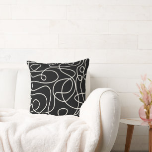 Doodle Linien Kunst Muster   Creme auf Schwarz Kissen