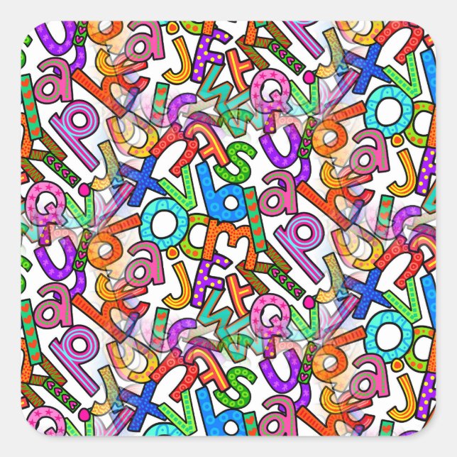 Doodle Lowercase Alphabet Pattern Quadratischer Aufkleber (Vorderseite)