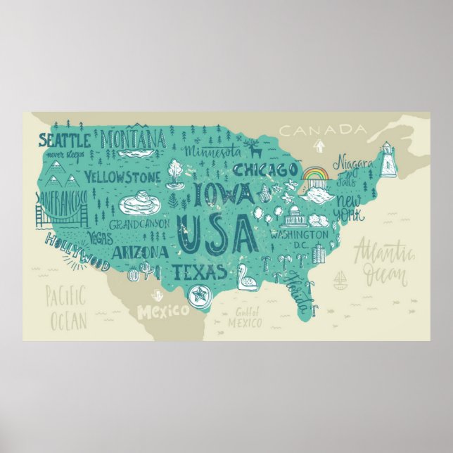Doodle Map USA Poster (Vorne)