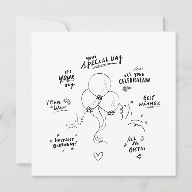 Doodle Modern Balloon Happy Birthday Card Einladung (Vorderseite)