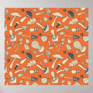 Doodle Mushroom Vintag Nahtloses Wallpaper Poster