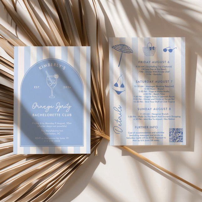 Doodle Orange Spritz Social Club Bach Weekend Einladung (Orange spritz social club bachelorette weekend invitation with itinerary and QR code)