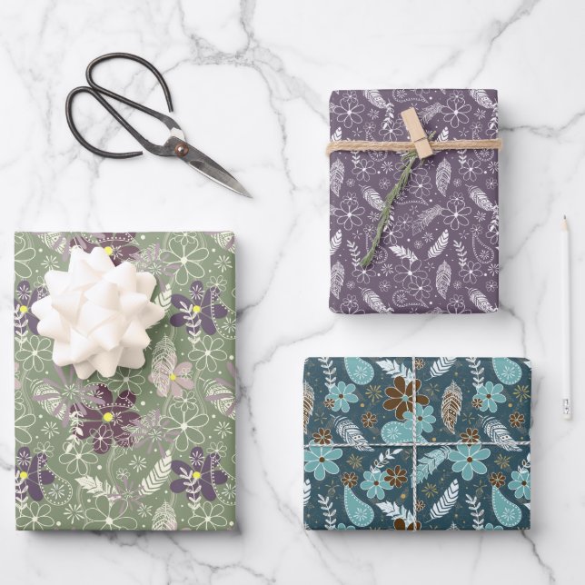 Doodle Paislies Federn Blume 3 Farbvielfalt Geschenkpapier Set (Vorderseite)