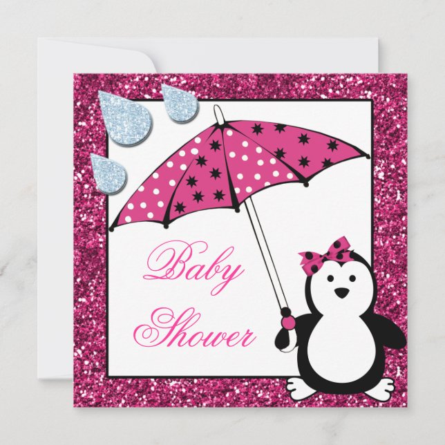Doodle Penguin Girl Babydusche Einladung (Vorderseite)