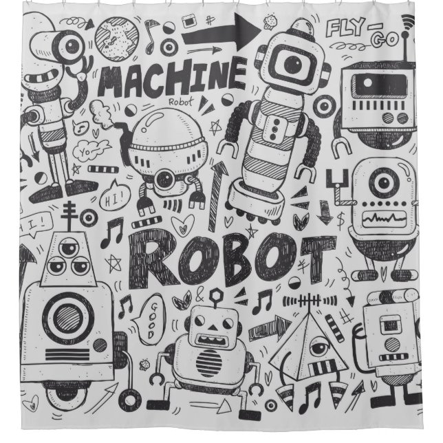 Doodle-Roboter-Element, Illustrator-Linie Werkzeug Duschvorhang (Vorderseite)