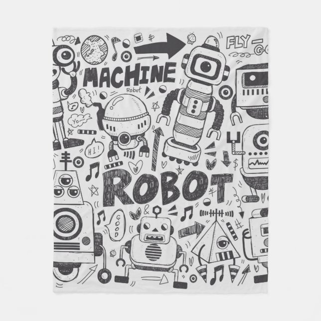 Doodle-Roboter-Element, Illustrator-Linie Werkzeug Fleecedecke (Vorderseite)