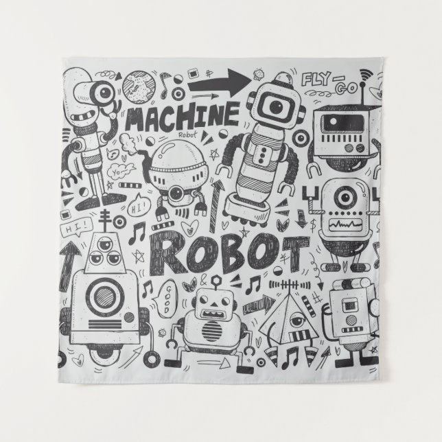 Doodle-Roboter-Element, Illustrator-Linie Werkzeug Wandteppich (Vorderseite)