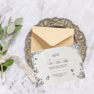 Doodle Romantische Rustikale Handgezeichnete Hochz RSVP Karte