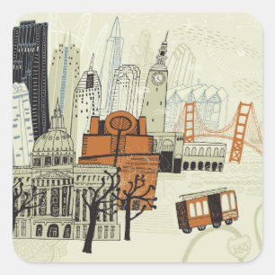 Doodle San Francisco Scene Quadratischer Aufkleber