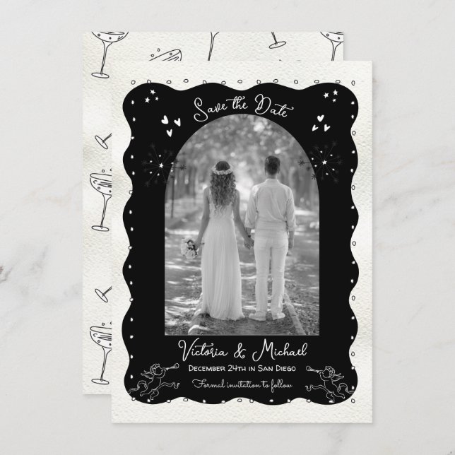 Doodle Sketch Cherub Funky Save the Date Arch Einladung (Vorne/Hinten)