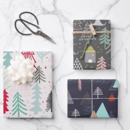 Doodle Sketch Skandi Weihnachtsbaumen Set von 3 Geschenkpapier Set
