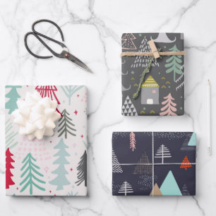 Doodle Sketch Skandi Weihnachtsbaumen Set von 3 Geschenkpapier Set