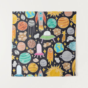 Doodle Space: HandGezeichnet Vintager Kosmos. Wandteppich