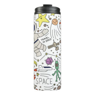 Doodle-Stil, Raum-Thema-Abbildung. Thermosbecher