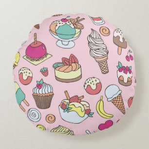 Doodle-Süßigkeiten Eiscreme: Handgezeichnete Illus Rundes Kissen