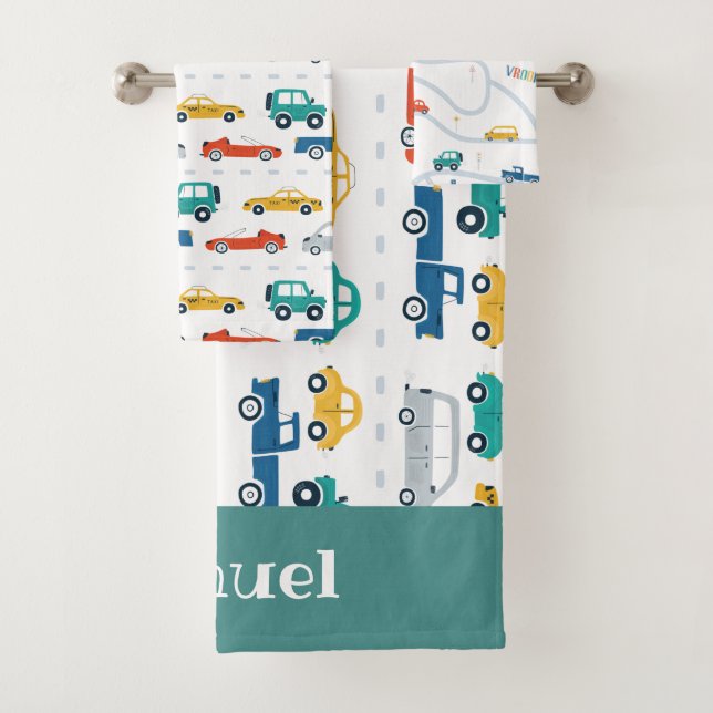 Doodle Vehicles Kinder Personalisiert Name Handtuc Badhandtuch Set (Insitu)
