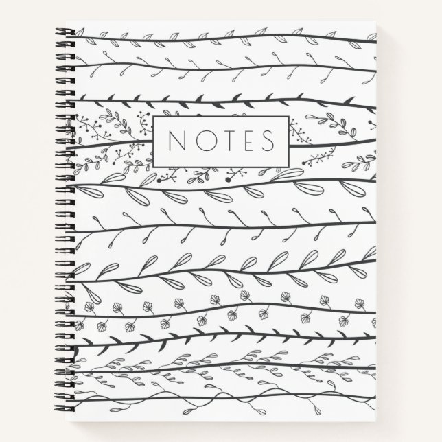 Doodle Vines Black and White Botanic Notizbuch (Vorderseite)