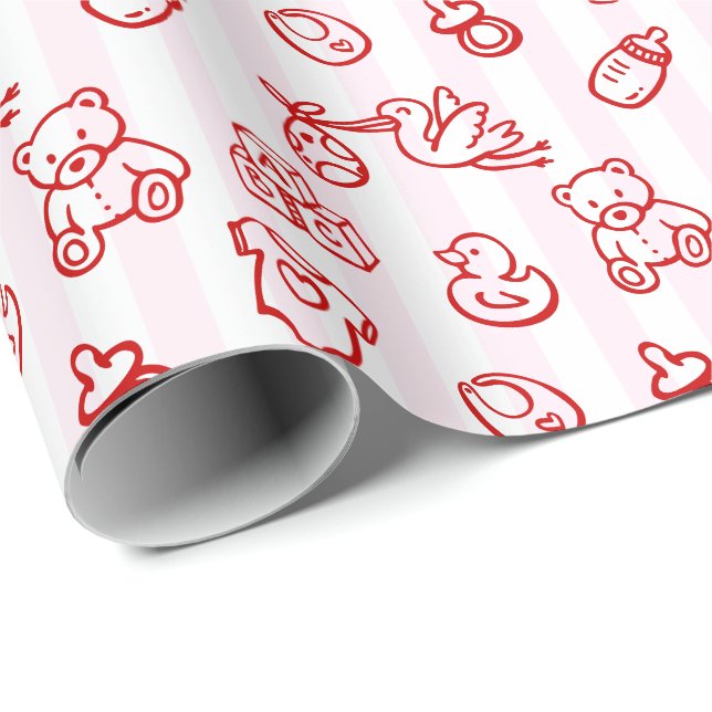 Doodle Whimsical Baby Dusche mit rosa und roter Ha Geschenkpapier (Rolleneckpunkt)
