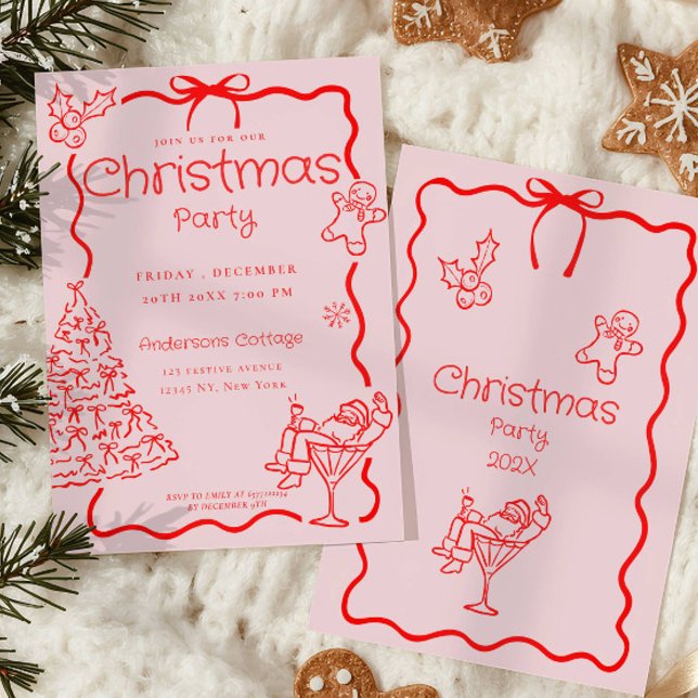 Doodle Whimsical Red Pink Weihnachtsfest Party Einladung (Von Creator hochgeladen)