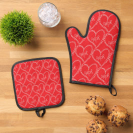 Doodles Black Hearts Valentines Day Red Ofenhandschuh & Topflappen-Set