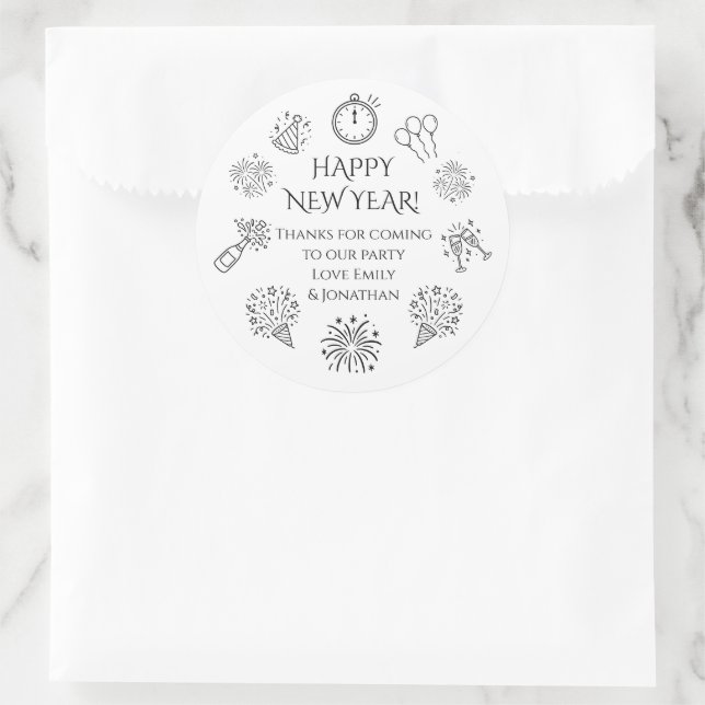 Doodles Black text New Year Party Thank you  Runder Aufkleber (Tasche)