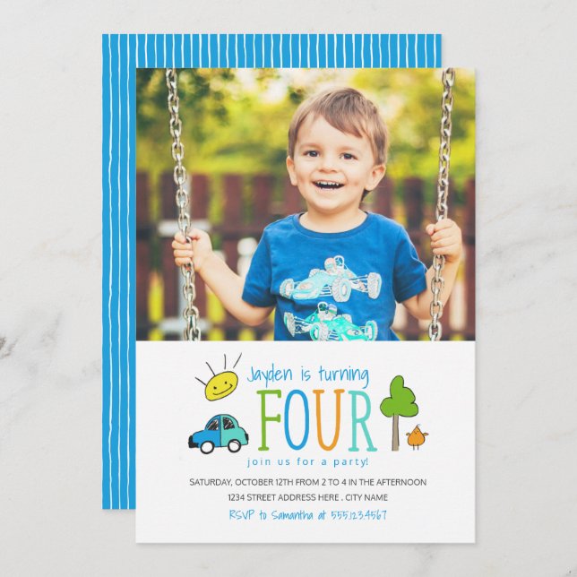 Doodles colorés 4e anniversaire Invitation de fête (Devant / Derrière)