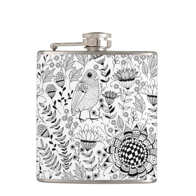 Doodmuster für Vögel und Blume Flachmann (Vorderseite)